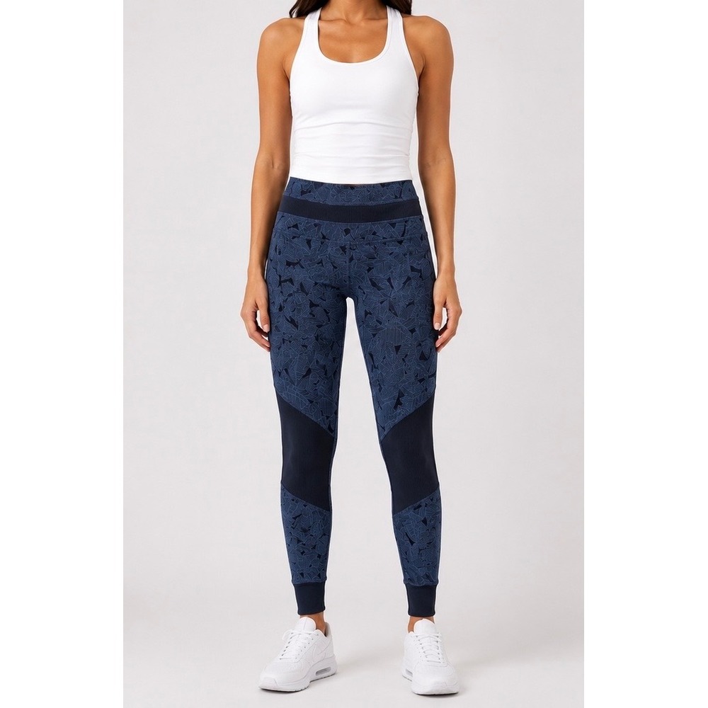 Athleta Womens Blue Leaf Print Ribbed Panel Yoga Leggings Small Side Pockets